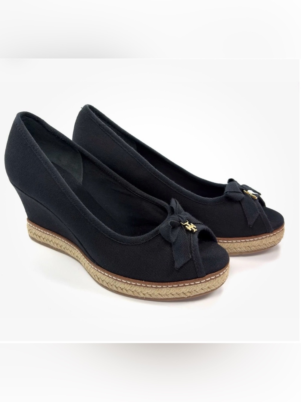 Tory Burch Jackie Espadrille Wedge Pumps Black Canvas Peep Toe Bow Size 8